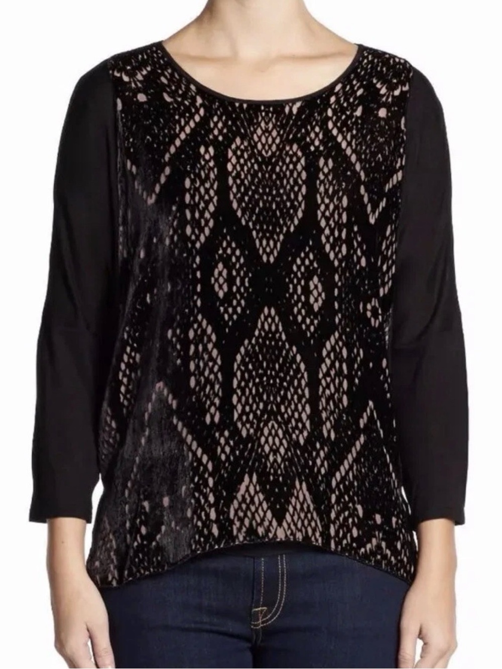 Rebecca Taylor Black Silk Velvet Burnout Snake Print 3/4 Top 10 M/L Witchy Goth